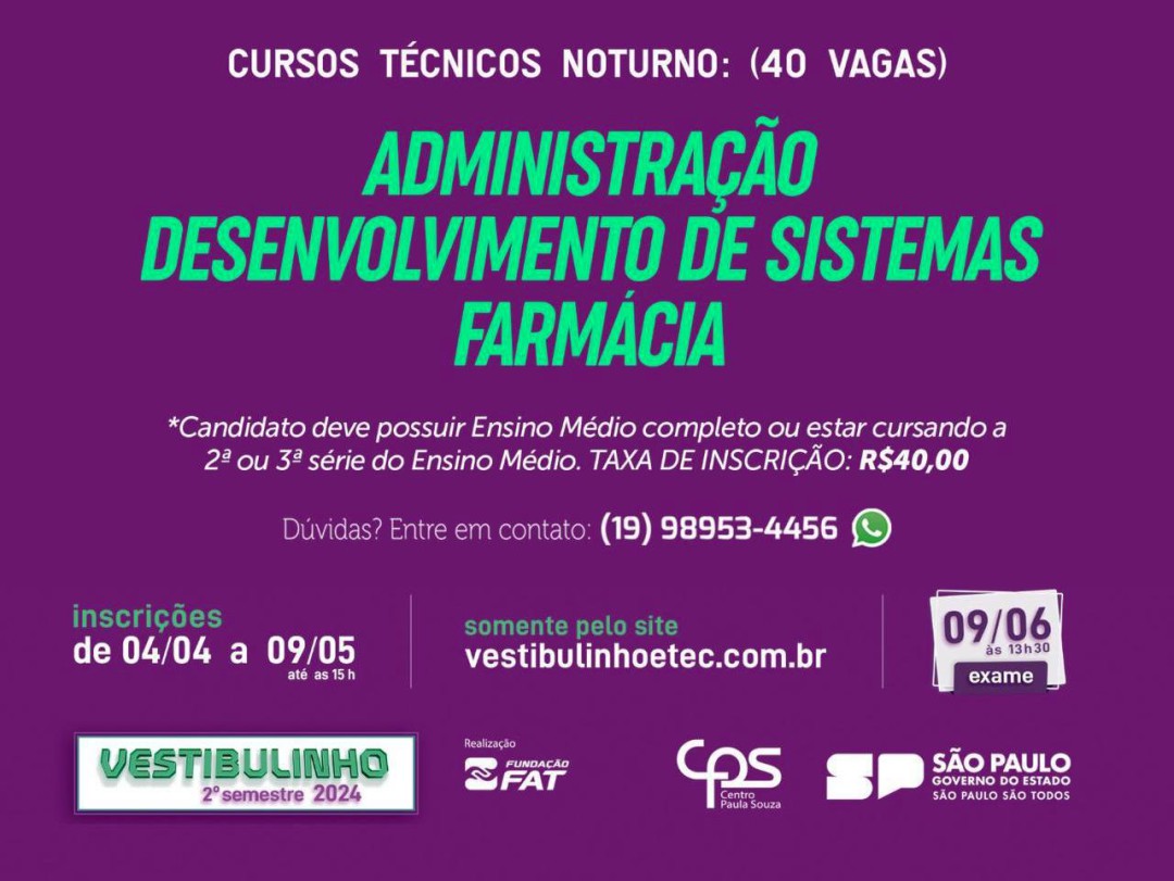 INSCRIÇÕES PARA O VESTIBULINHO – 2º SEMESTRE DA ETEC “DEP. SALIM SEDEH” VÃO ATÉ O DIA 09 DE MAIO