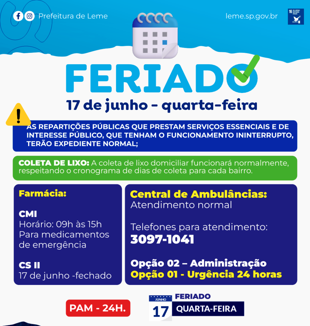 FERIADO MUNICIPAL NAS REPARTIÇÕES PÚBLICAS MUNICIPAIS DIA 17 DE JUNHO
