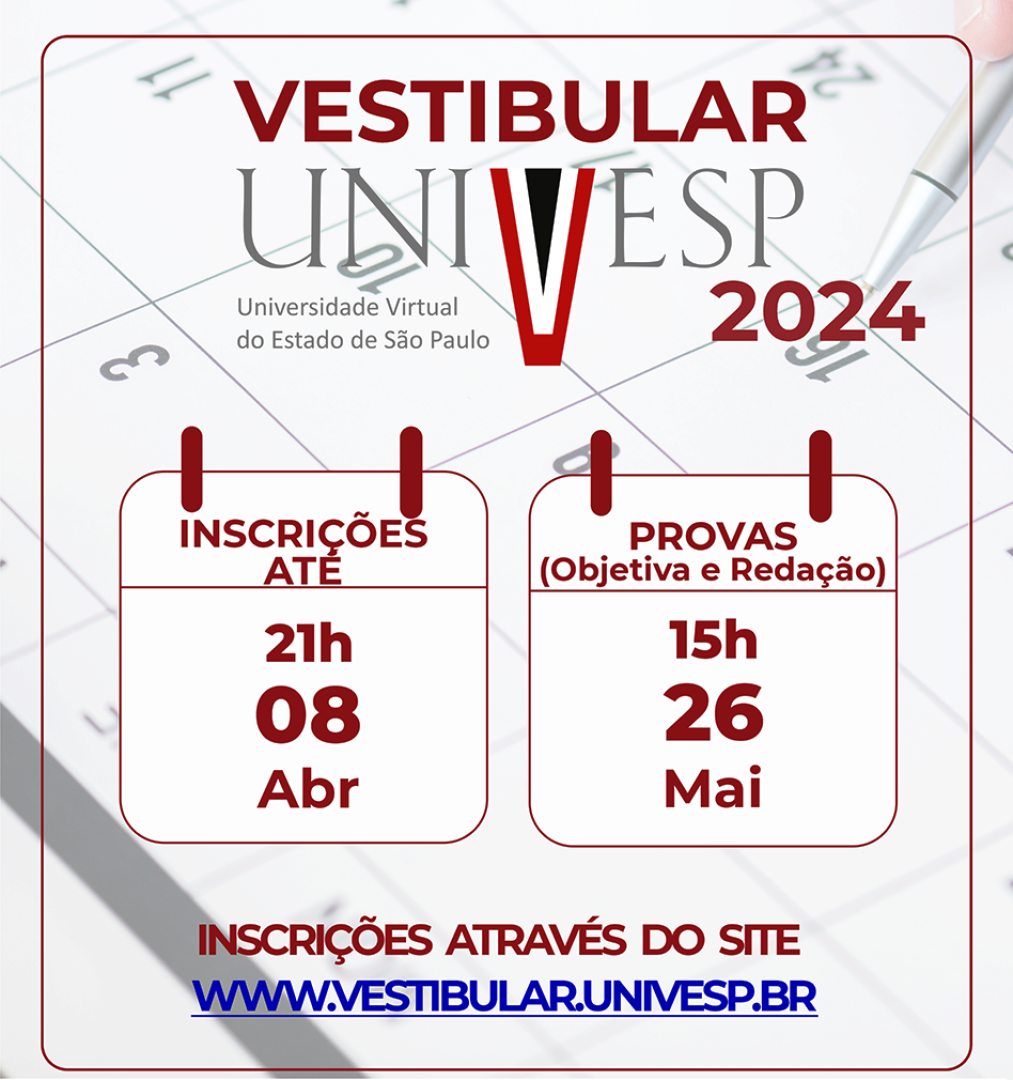UNIVESP ABRE INSCRIÇÕES PARA VESTIBULAR 2024 - PARA LEME, SÃO OFERECIDAS UM TOTAL DE 96 VAGAS DIVIDIDAS ENTRE OS CURSOS DISPONÍVEIS NO POLO