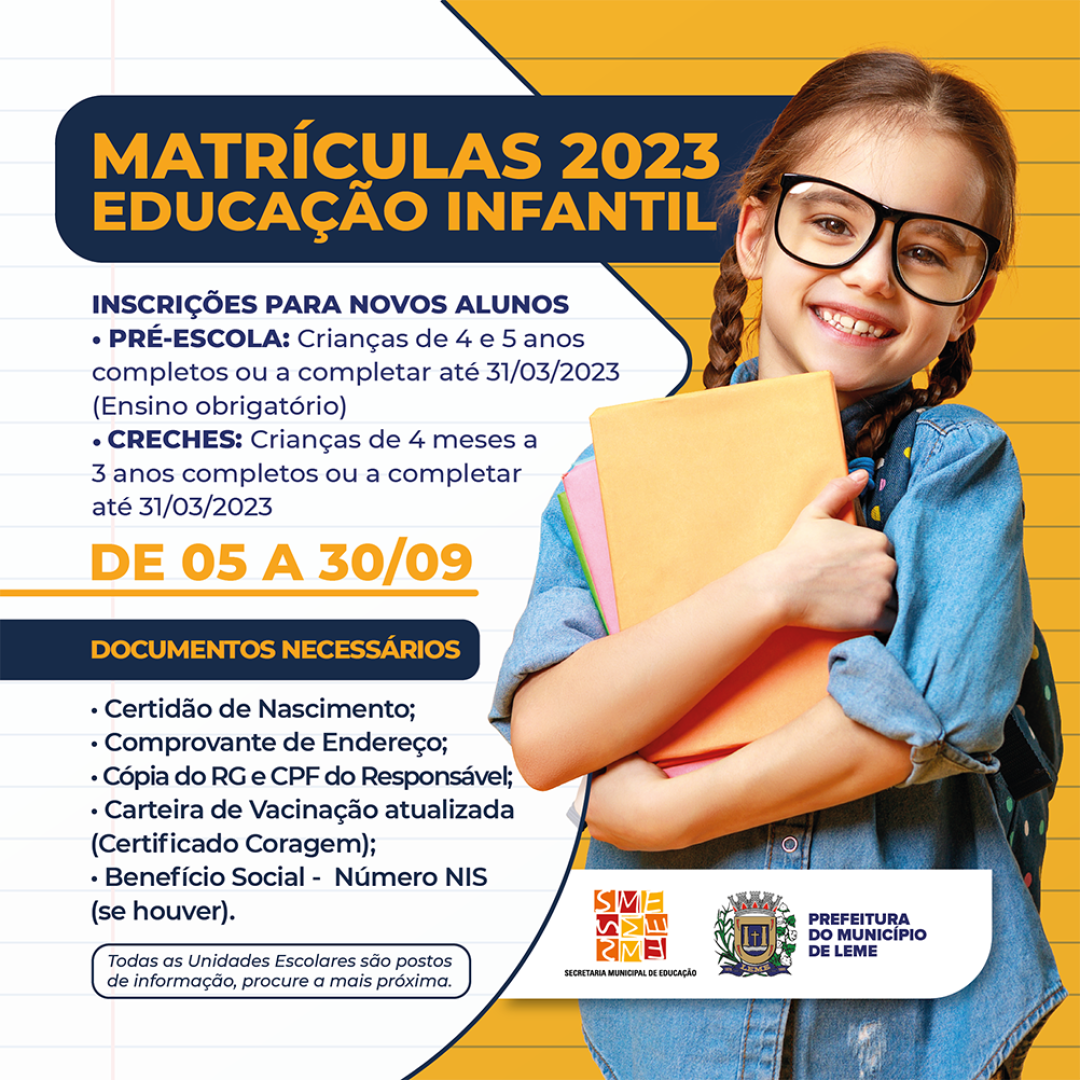 MATRÍCULAS PARA A EDUCAÇÃO INFANTIL – CRECHE E PRÉ-ESCOLA – ACONTECEM ENTRE OS DIAS 05 E 30 DE SETEMBRO DE 2022