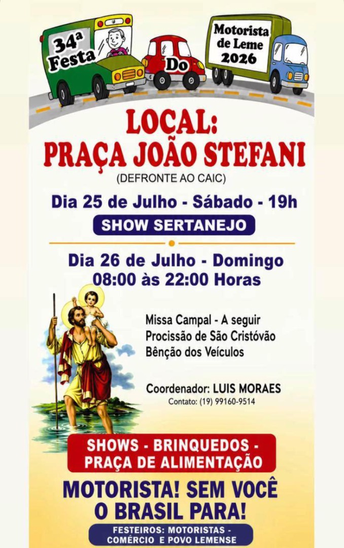 34ª FESTA DO MOTORISTA DE LEME ACONTECE NESTE FIM DE SEMANA COM FÉ, TRADIÇÃO E CONFRATERNIZAÇÃO