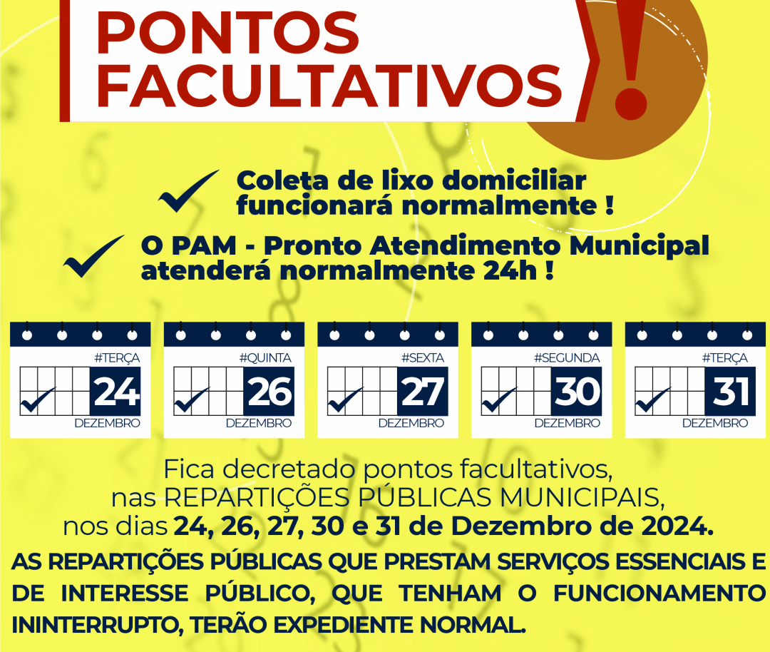PONTO FACULTATIVO DIAS 24, 26, 27, 30 E 31 DE DEZEMBRO