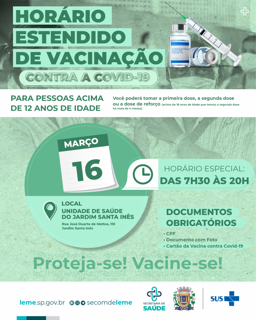 Unidade de saúde Santa Inês terá horário estendido de vacinação contra a covid-19 na próxima quarta, 16 de março