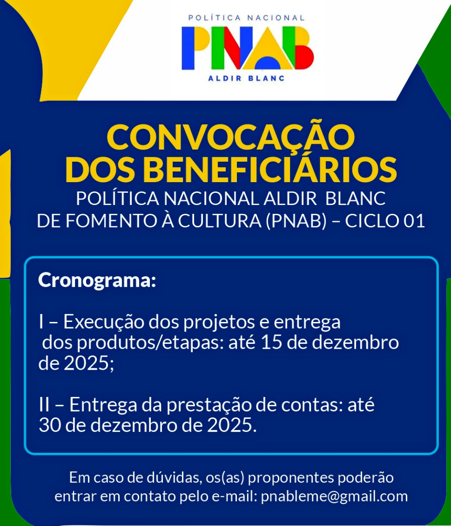 PREFEITURA DE LEME CONVOCA BENEFICIÁRIOS DA PNAB PARA PRESTAÇÃO DE CONTAS DOS PROJETOS CULTURAIS
