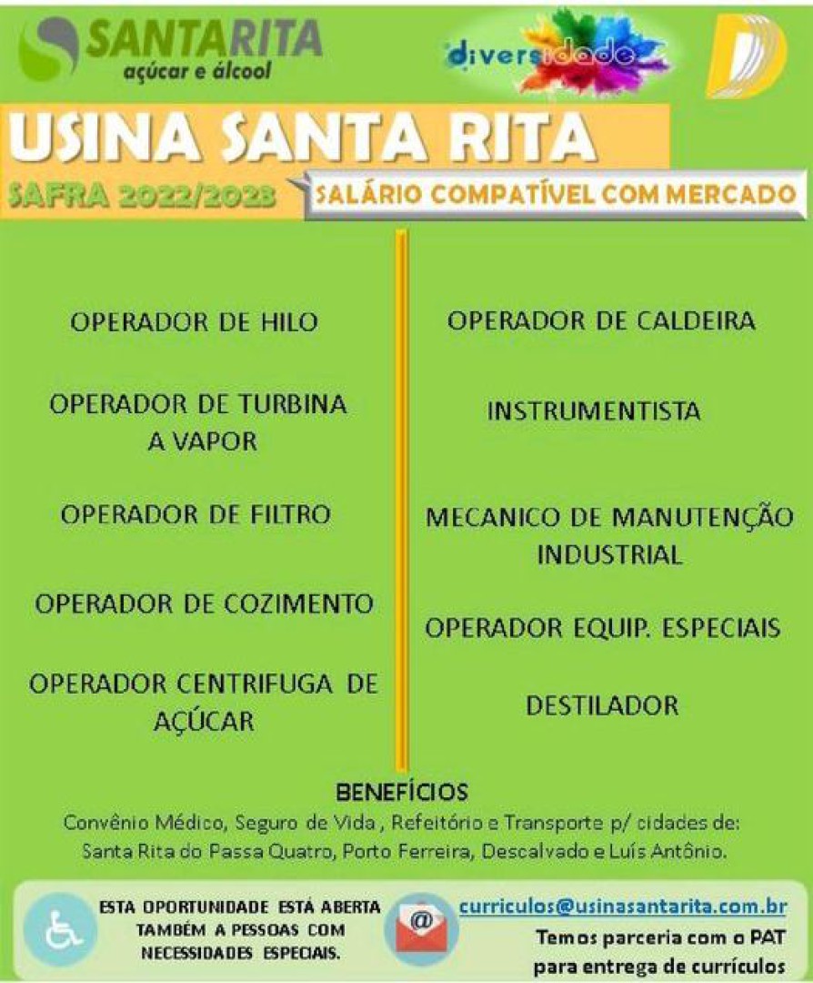 vagas de emprego disponíveis na Usina Santa Rita