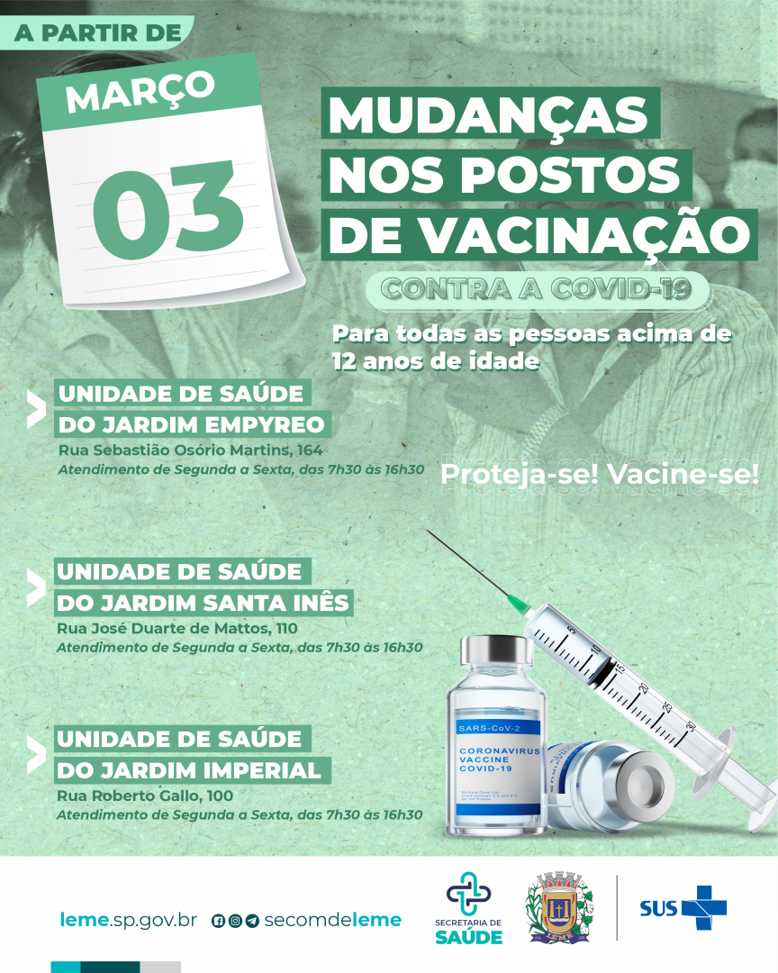 Mudanças nos pontos de vacinação contra a covid-19 a partir do dia 03 de março