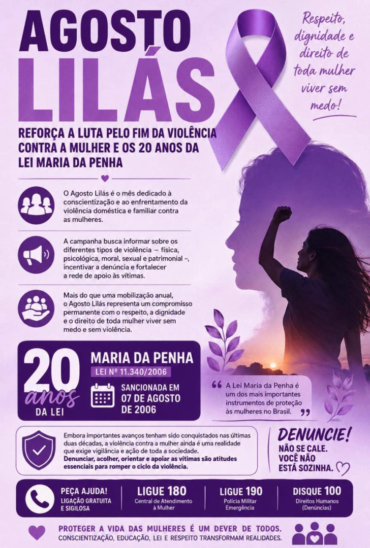 AGOSTO LILÁS REFORÇA A LUTA PELO FIM DA VIOLÊNCIA CONTRA A MULHER E OS 20 ANOS DA LEI MARIA DA PENHA